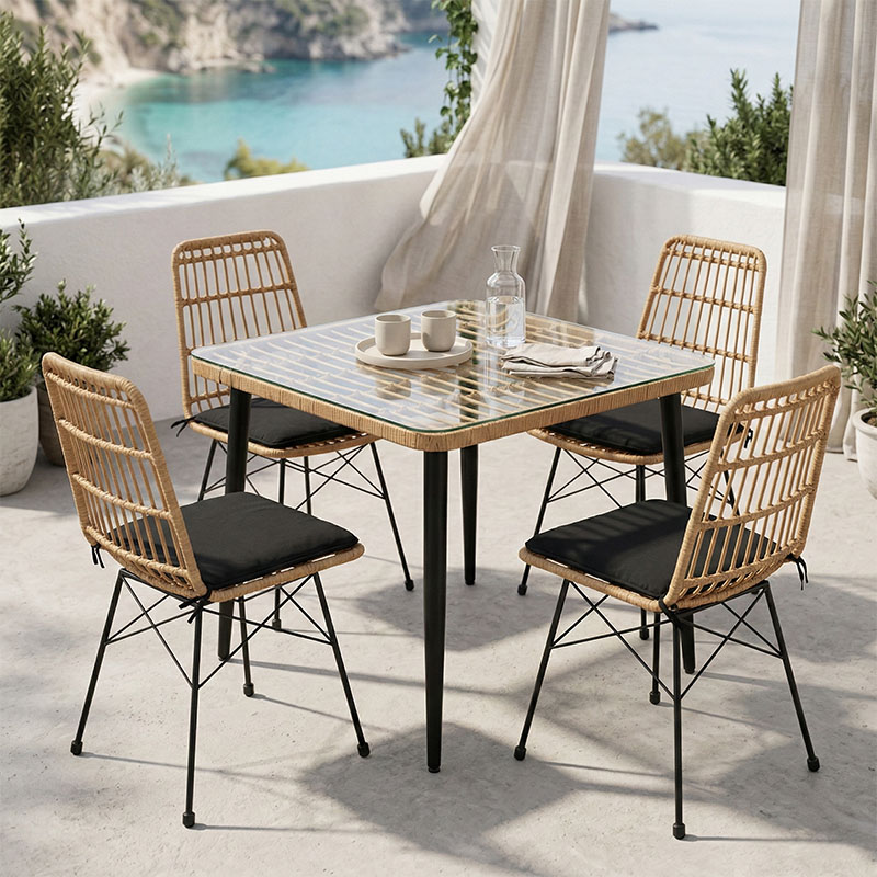 product_pako_200-000963 Τραπεζαρία Naoki U σετ 5τεμ rattan pe σε φυσική απόχρωση και μαύρο μέταλλο 80x80x78εκ - Image 1