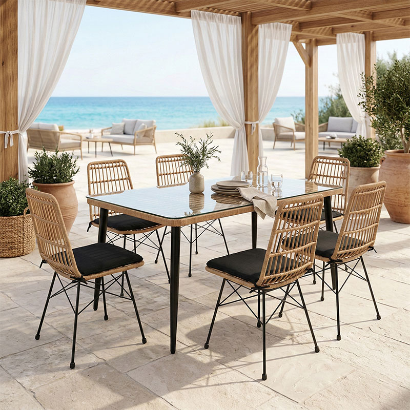 product_pako_200-000965 Τραπεζαρία Naoki U σετ 7τεμ rattan pe σε φυσική απόχρωση και μαύρο μέταλλο 160x90x78εκ - Image 1