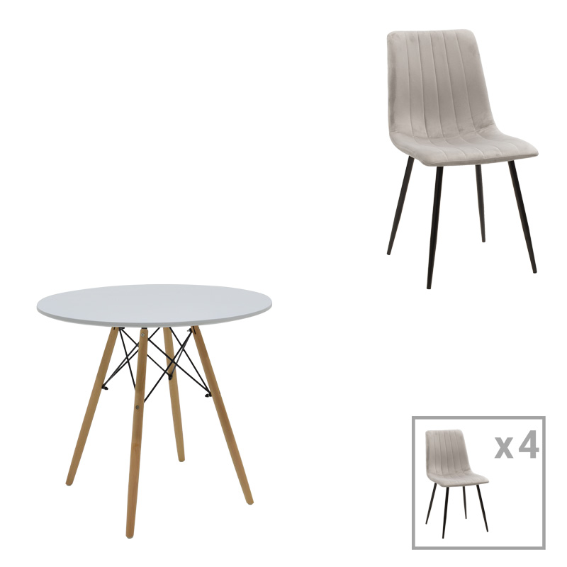product_pako_200-001281 Τραπεζαρία Julita-Noor σετ 5τεμ MDF λευκό-γκρι-πόδια φυσικό Φ80x73εκ - Image 1