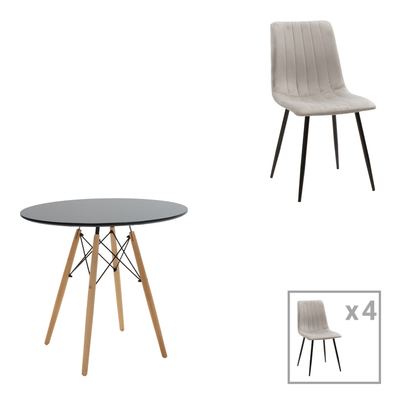 product_pako_200-001282 Τραπεζαρία Julita-Noor σετ 5τεμ MDF μαύρο-γκρι-πόδια φυσικό Φ80x73εκ - Image 1