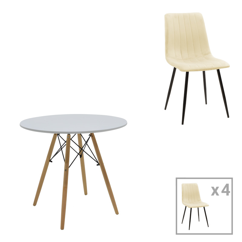 product_pako_200-001299 Τραπεζαρία Julita-Noor σετ 5τεμ MDF λευκό-μπεζ ύφασμα Φ80x73εκ - Image 1