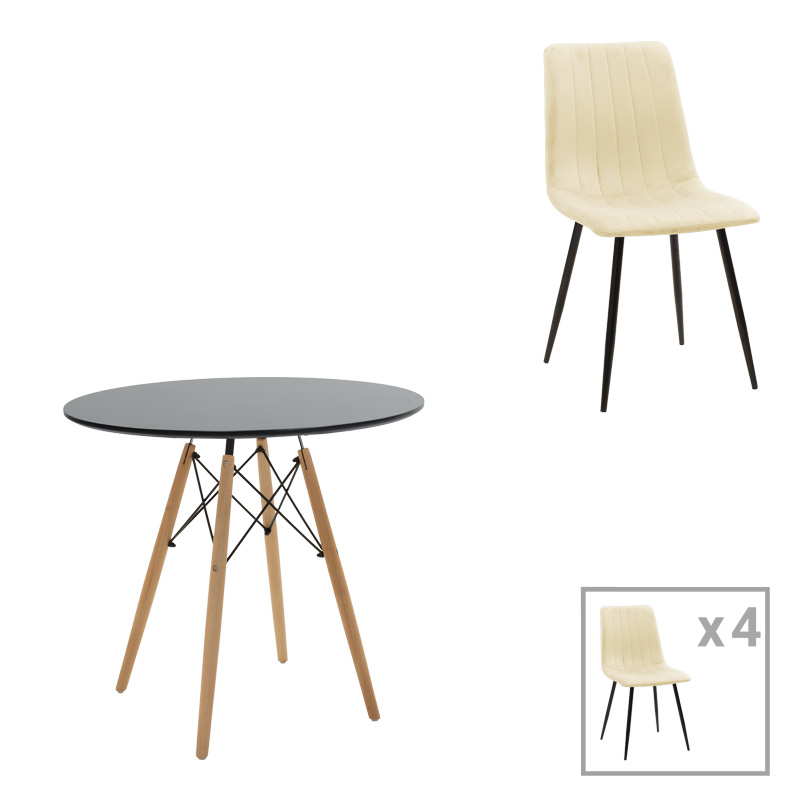 product_pako_200-001300 Τραπεζαρία Julita-Noor σετ 5τεμ MDF μαύρο-μπεζ ύφασμα Φ80x73εκ - Image 1