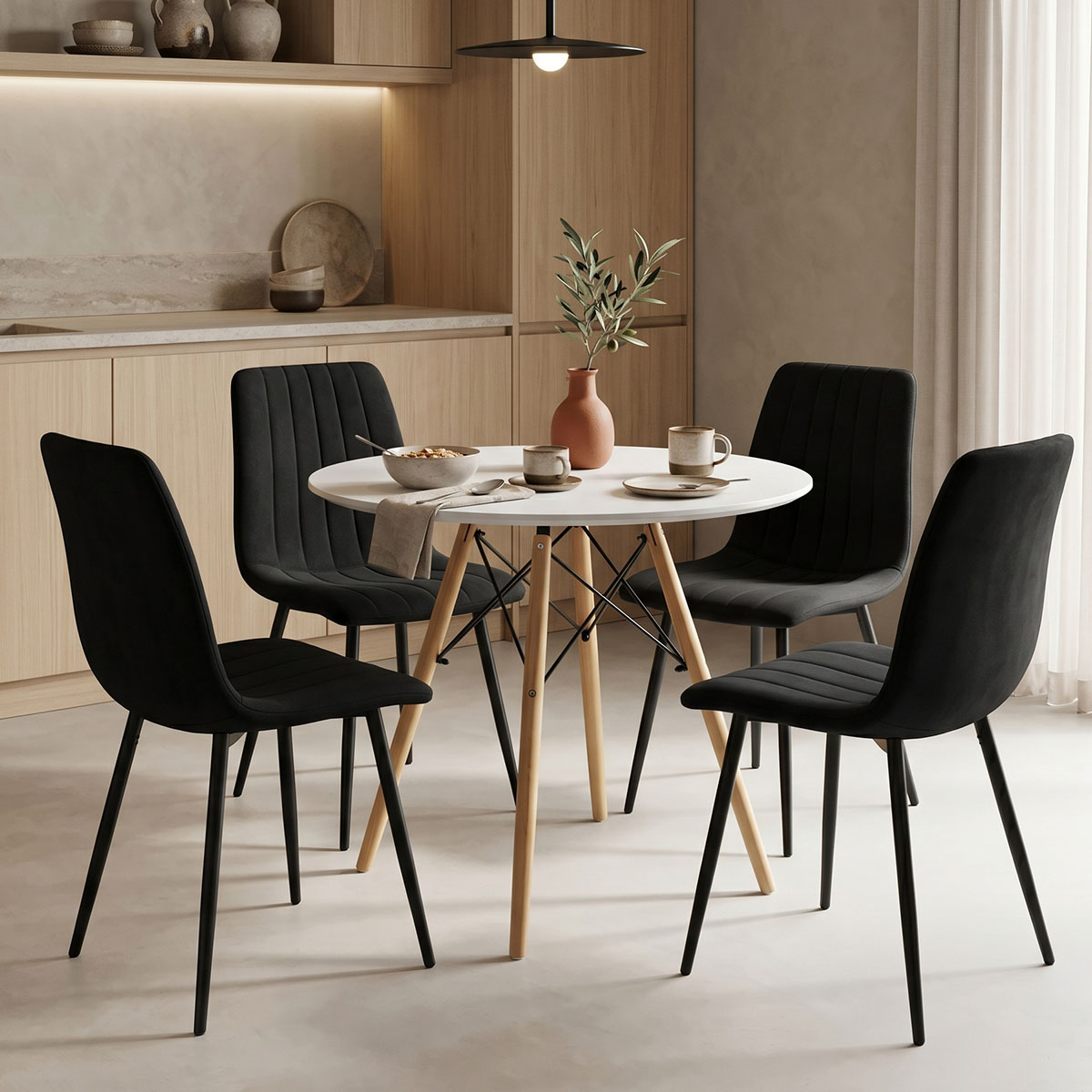 product_pako_200-001412 Τραπεζαρία Julita-Noor σετ 5τεμ MDF λευκό-μαύρο-πόδια φυσικό Φ80x73εκ - Image 1