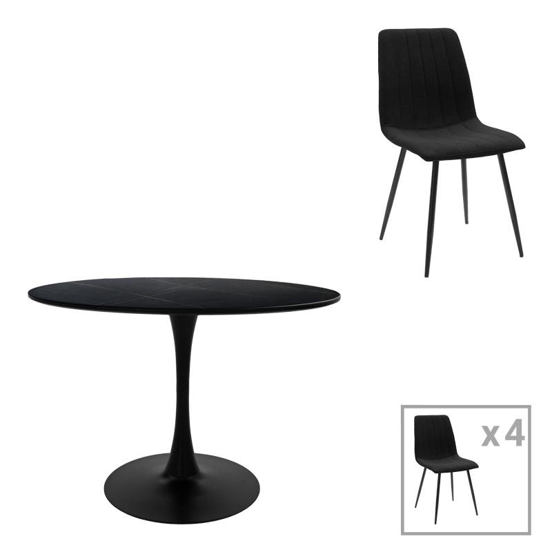 product_pako_200-001424 Τραπεζαρία Balou-Noor σετ 5τεμ MDF μαύρο-υφασμα μαύρο Φ100x73εκ - Image 1