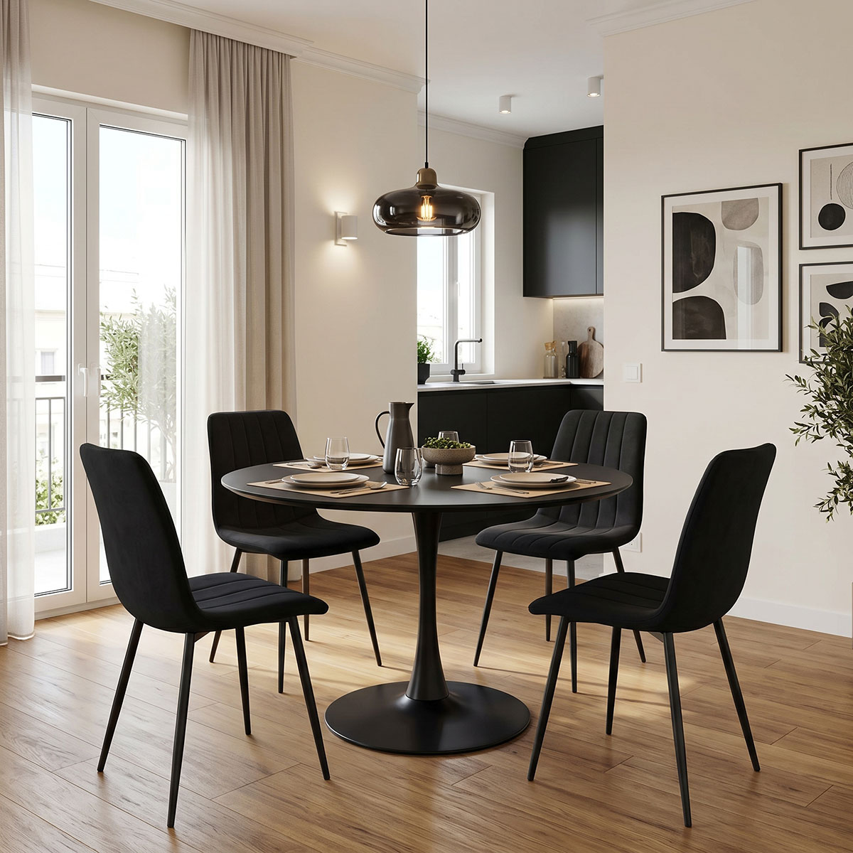 product_pako_200-001425 Τραπεζαρία Balou-Noor σετ 5τεμ MDF μαύρο-ύφασμα μαυρο Φ120x73εκ - Image 1