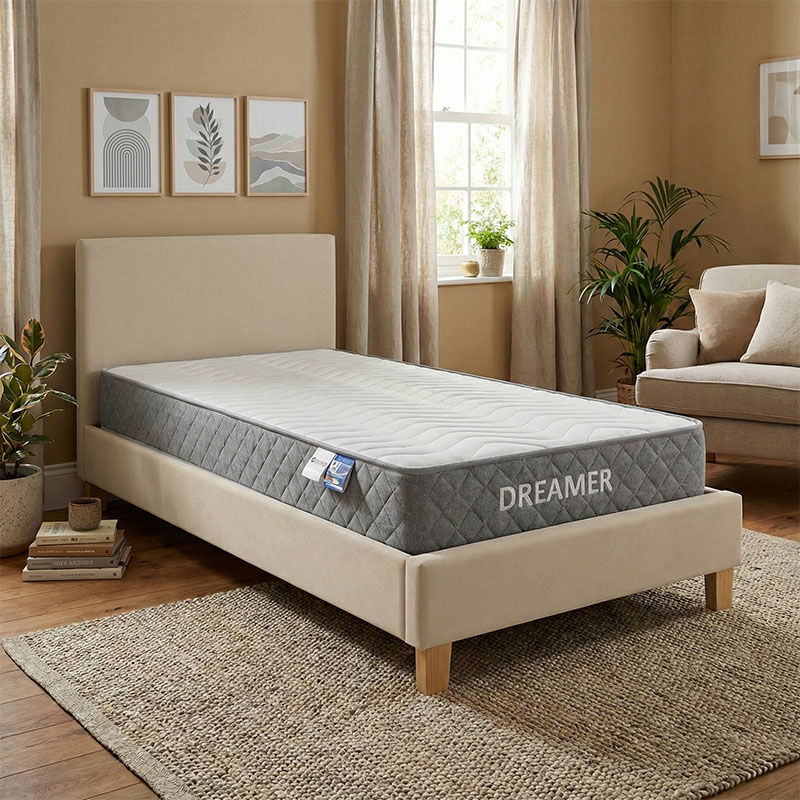 product_pako_200-001465 Κρεβάτι με στρώμα Nevil-Dreamer ύφασμα μπεζ-πόδι φυσική απόχρωση 90x190εκ - Image 1