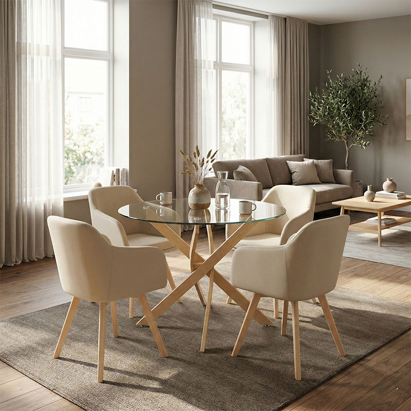 product_pako_200-001533 Τραπεζαρία με Πολυθρόνες Safira μπεζ και Τραπέζι Antoro γυαλί Φ100x75εκ Σετ 5τεμ - Image 1