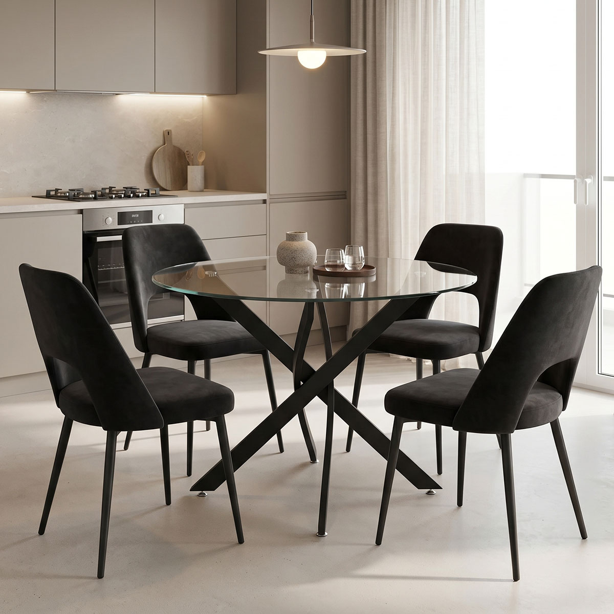 product_pako_200-001541 Τραπεζαρία με Καρέκλες Murde Μαύρο και Τραπέζι Antoro γυαλί Φ100x75εκ Σετ 5τεμ - Image 1