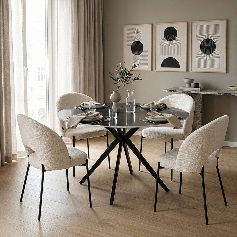 product_pako_200-001557 Τραπεζαρία με Καρέκλες Masebo Λευκή και Τραπέζι Orbital Μαύρο Φ120x76εκ Σετ 5τεμ - Image 1