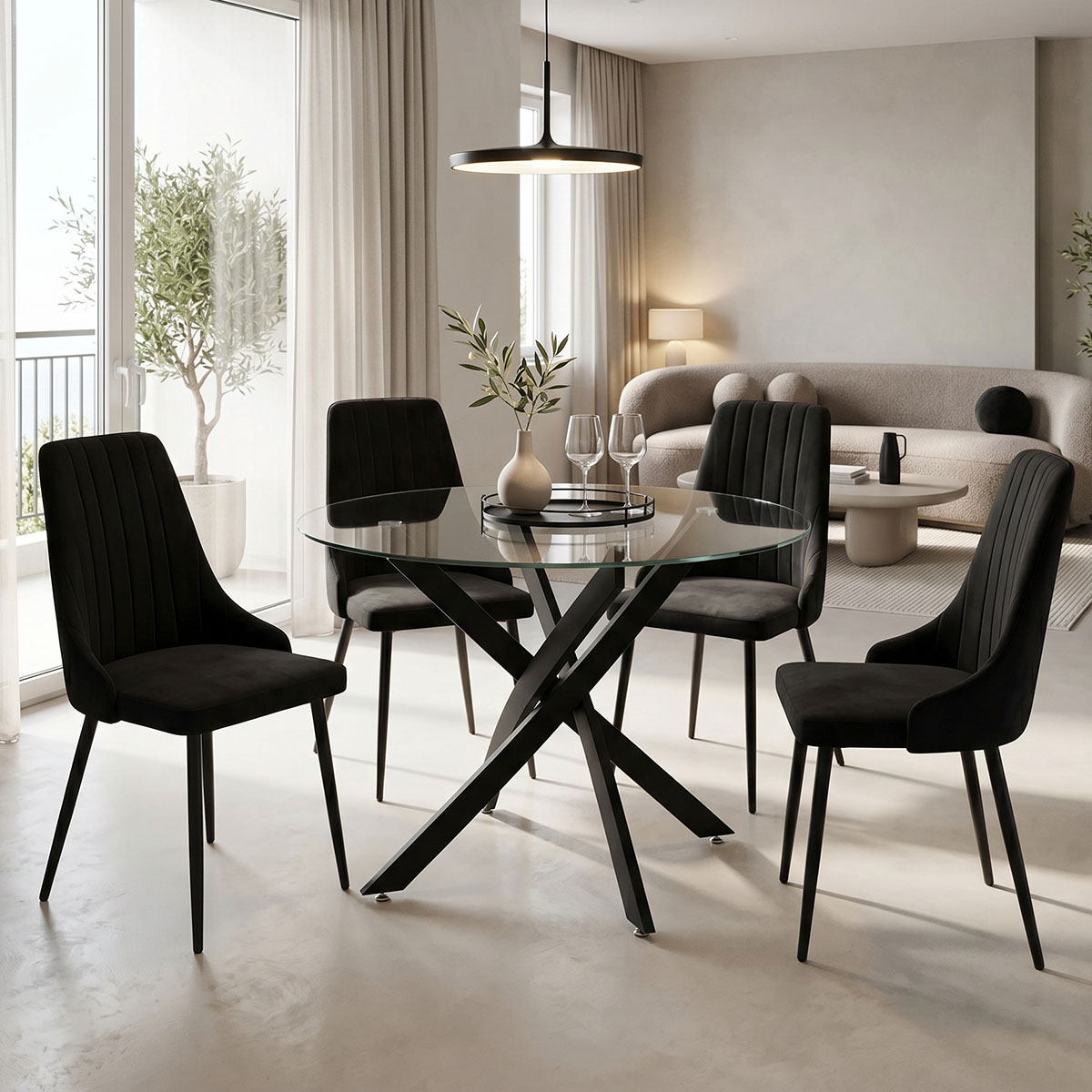 product_pako_200-001562 Τραπεζαρία με Καρέκλες Azori Μαύρο και Τραπέζι Antoro γυαλί Φ100x75εκ Σετ 5τεμ - Image 1