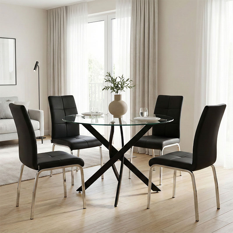 product_pako_200-001569 Τραπεζαρία με Καρέκλες Ariadne Μαύρο και Τραπέζι Antoro γυαλί Φ100x75εκ Σετ 5τεμ - Image 1