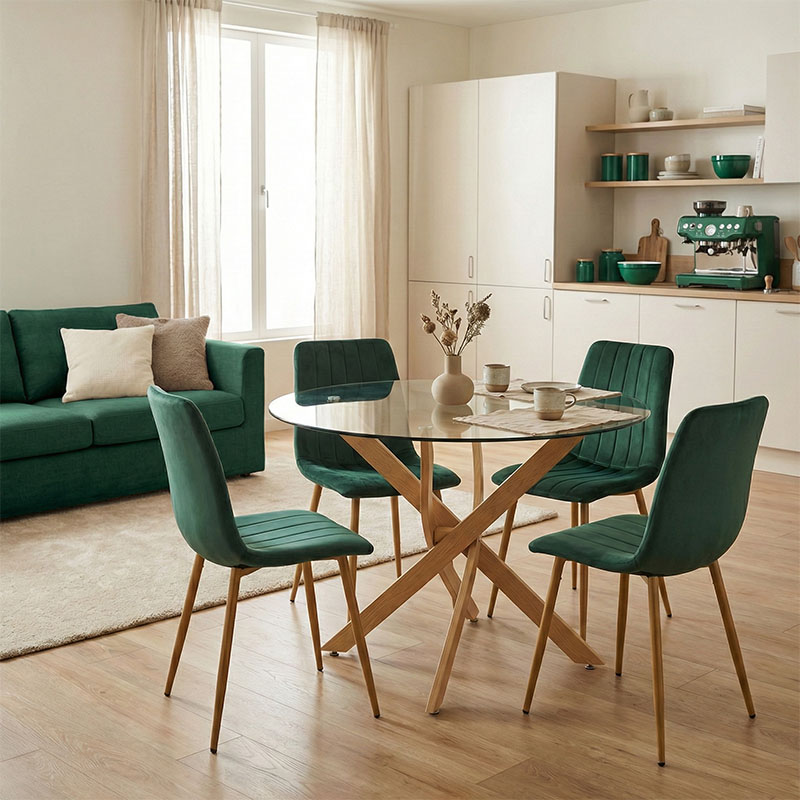 product_pako_200-001573 Τραπεζαρία με Καρέκλες Noor Κυπαρισσι και Τραπέζι Antoro Γυαλί Φ100x75εκ Σετ 5τεμ - Image 1