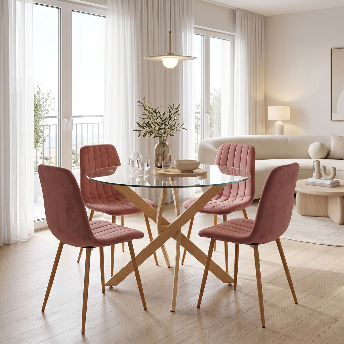 product_pako_200-001574 Τραπεζαρία με Καρέκλες Noor Σάπιο μήλο και Τραπέζι Antoro Γυαλί Φ100x75εκ Σετ 5τεμ - Image 1