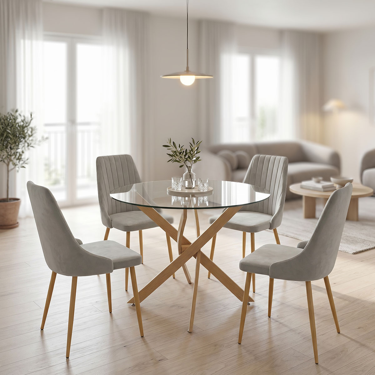 product_pako_200-001575 Τραπεζαρία με Καρέκλες Azori γκρι και Τραπέζι Antoro Γυαλί Φ100x75εκ Σετ 5τεμ - Image 1