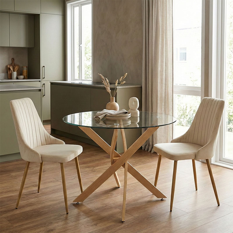 product_pako_200-001577 Τραπεζαρία με Καρέκλες Azori Μπεζ και Τραπέζι Antoro Γυαλί Φ80x75εκ Σετ 3τεμ - Image 1