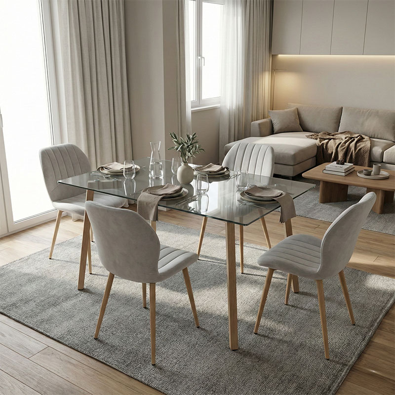 product_pako_200-001581 Τραπεζαρία με Καρέκλες Jelour Γκρι και Τραπέζι Titta Γυαλί 120x70x75εκ Σετ 5τεμ - Image 1