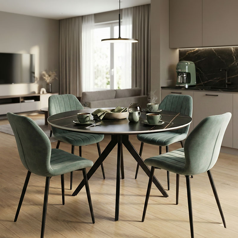 product_pako_200-001588 Τραπεζαρία με Καρέκλες Jelour Φυστικί και Τραπέζι Orbital Μαύρο Φ120x76 Σετ 5τεμ - Image 1