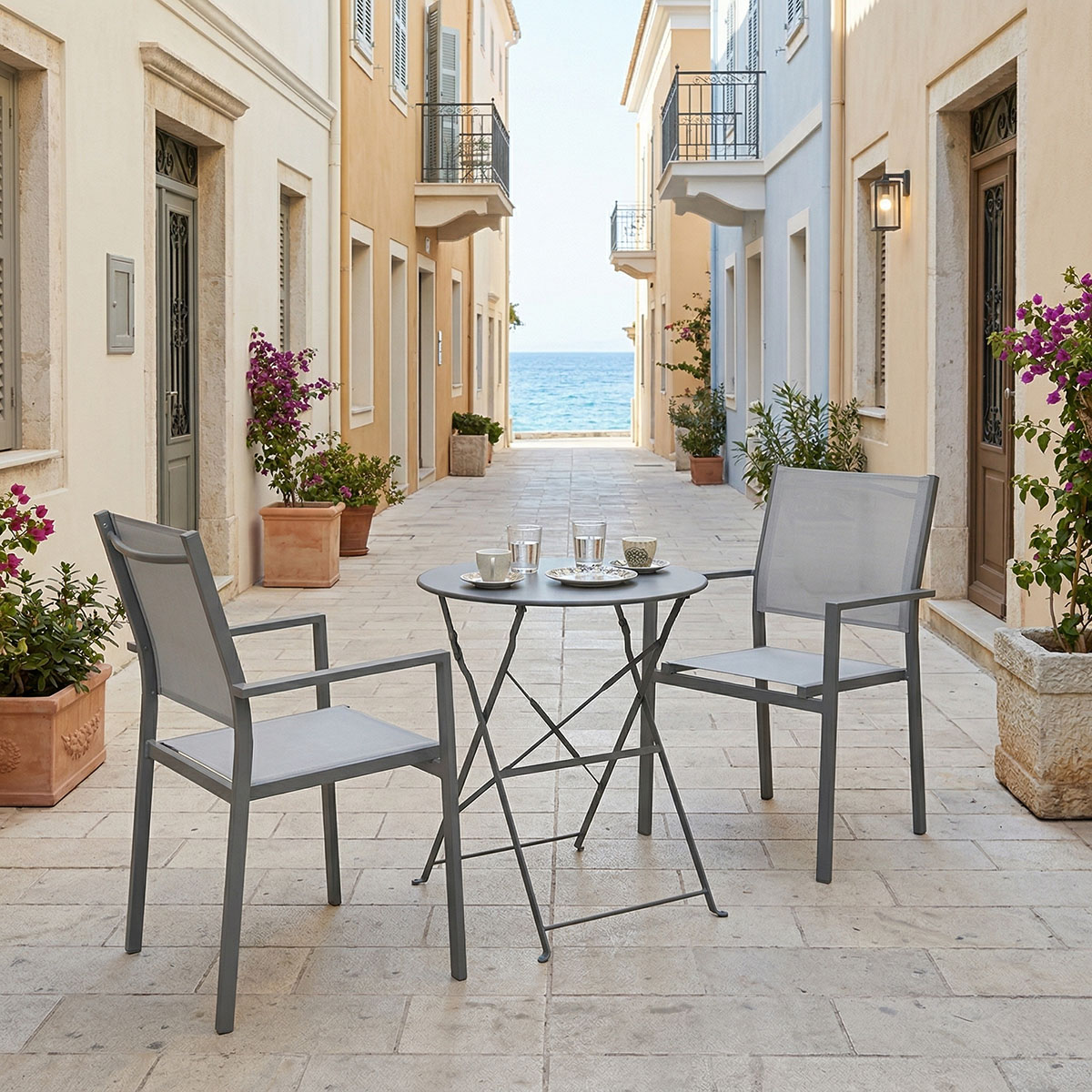 product_pako_200-001675 Τραπεζαρία Bistro Confidence σετ 3τεμ ανθρακί μέταλλο με γκρι textilene Φ60x71εκ - Image 1