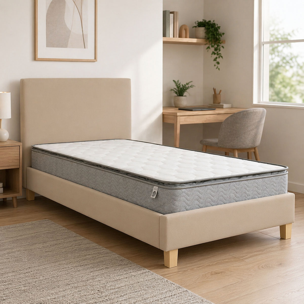 product_pako_200-001700 Κρεβάτι με στρώμα Nevil-Perfecto ύφασμα εκρού-πόδι φυσική απόχρωση 90x190εκ - Image 1