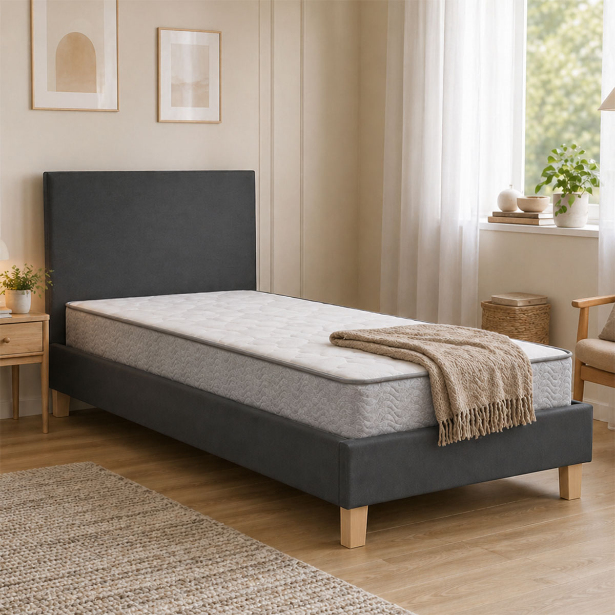 product_pako_200-001702 Κρεβάτι με στρώμα Nevil-Perfecto ύφαμα ανθρακί-πόδι φυσική απόχρωση 90x190εκ - Image 1