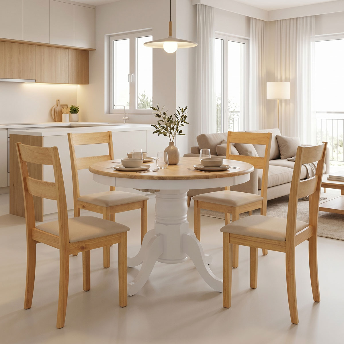 product_pako_200-001710 Τραπεζαρία Dallan Lars 5τεμ λευκό με φυσική απόχρωση rubberwood Φ100(+38)x100x75εκ - Image 1