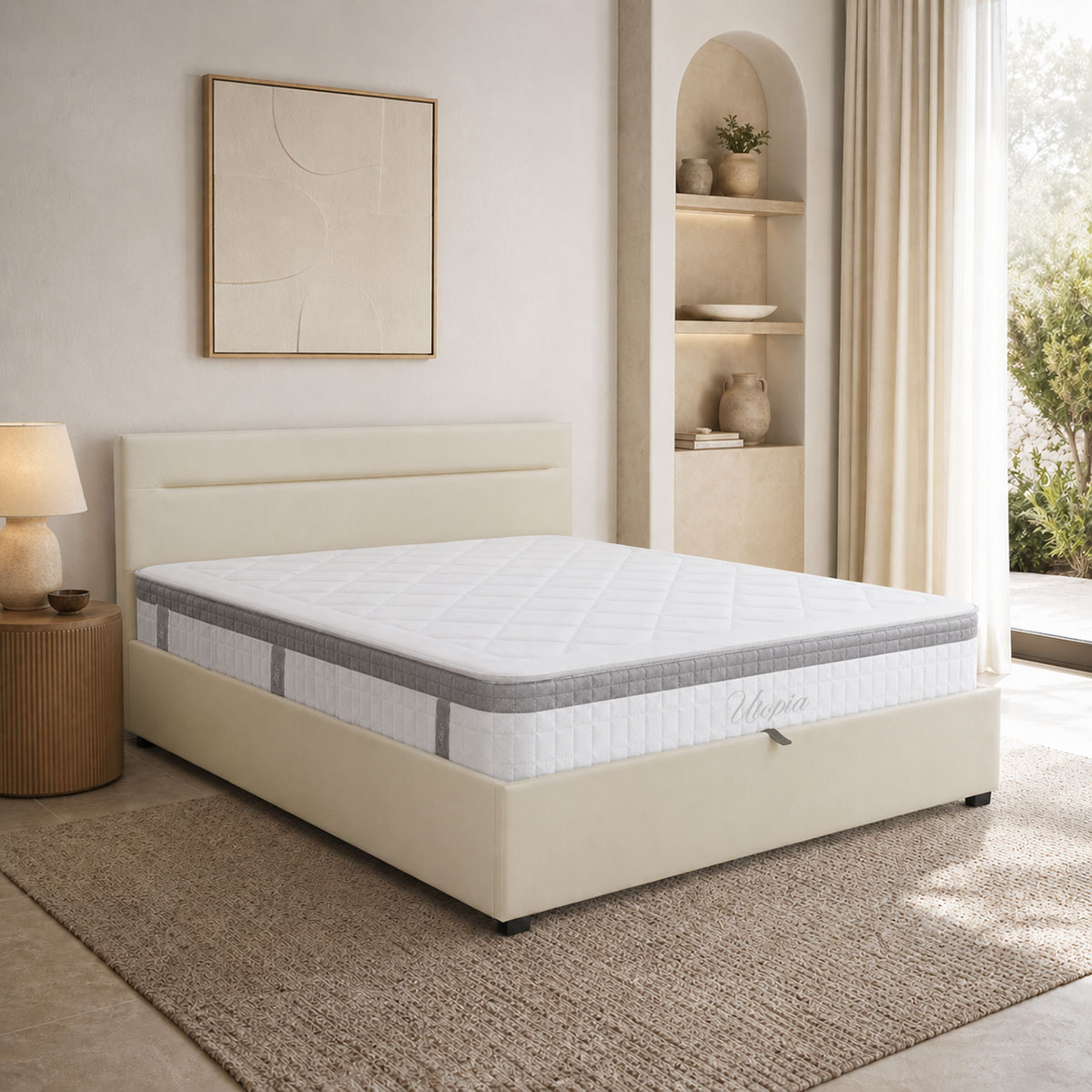 product_pako_200-001739 Κρεβάτι με στρώμα και αποθηκευτικό χώρο Molito-Utopia βελούδο εκρου 150x200εκ - Image 1