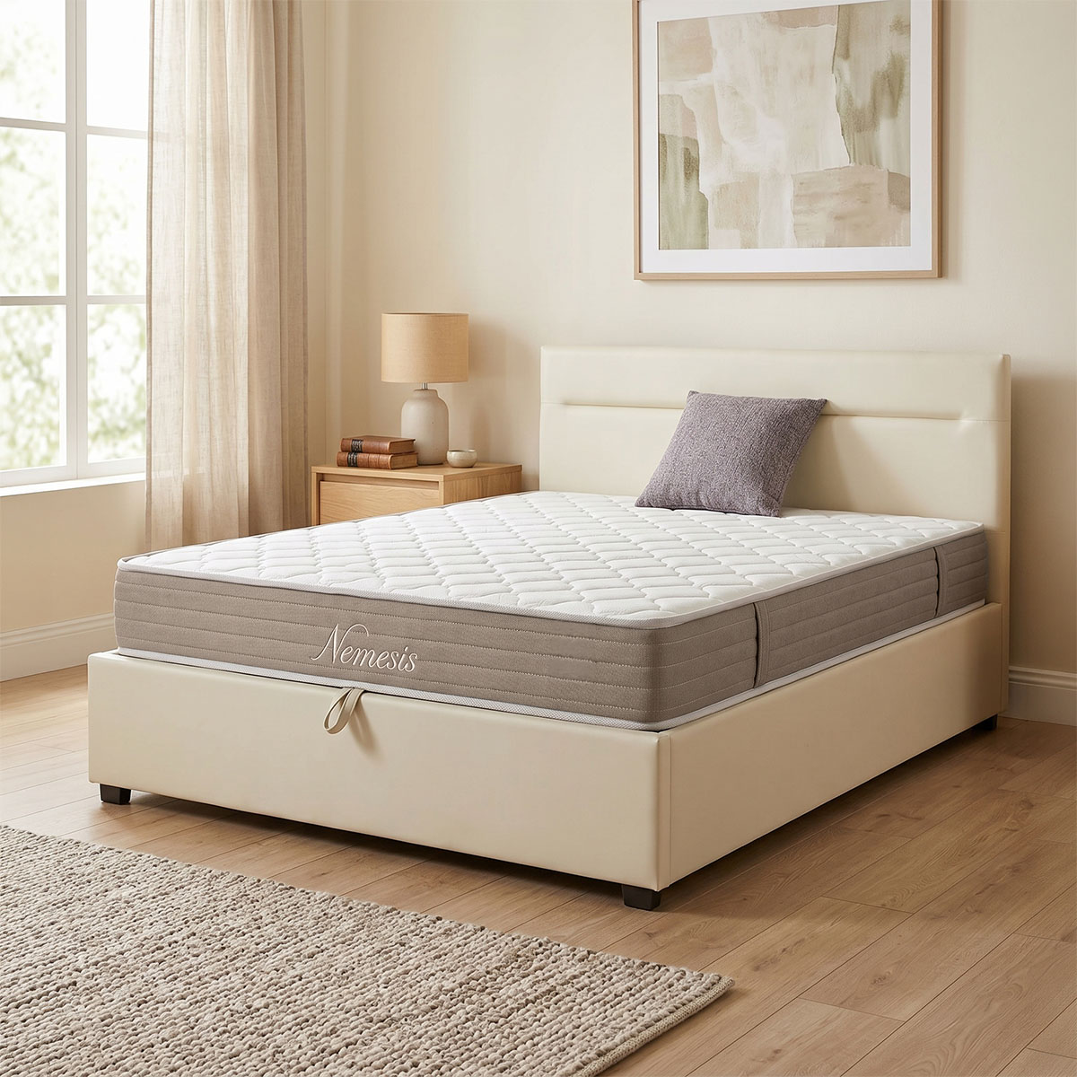 product_pako_200-001740 Κρεβάτι με στρώμα και αποθηκευτικό χώρο Molito-Nemesis βελούδο εκρου 150x200εκ - Image 1
