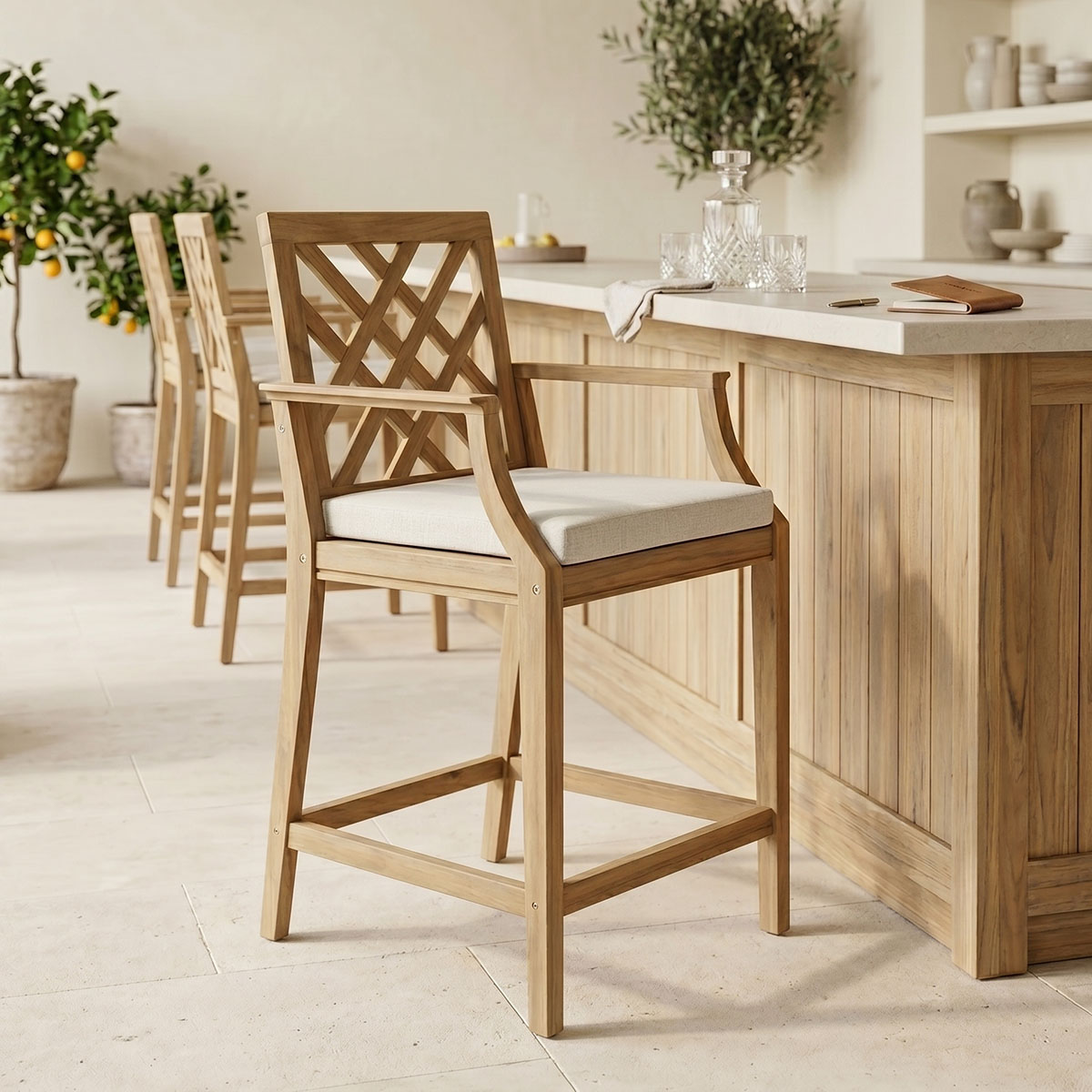 product_pako_228-000040 Σκαμπό μπαρ Amalfi μασίφ ξύλο ακακίας-μπεζ ύφασμα 59x63.5x104.9εκ - Image 1