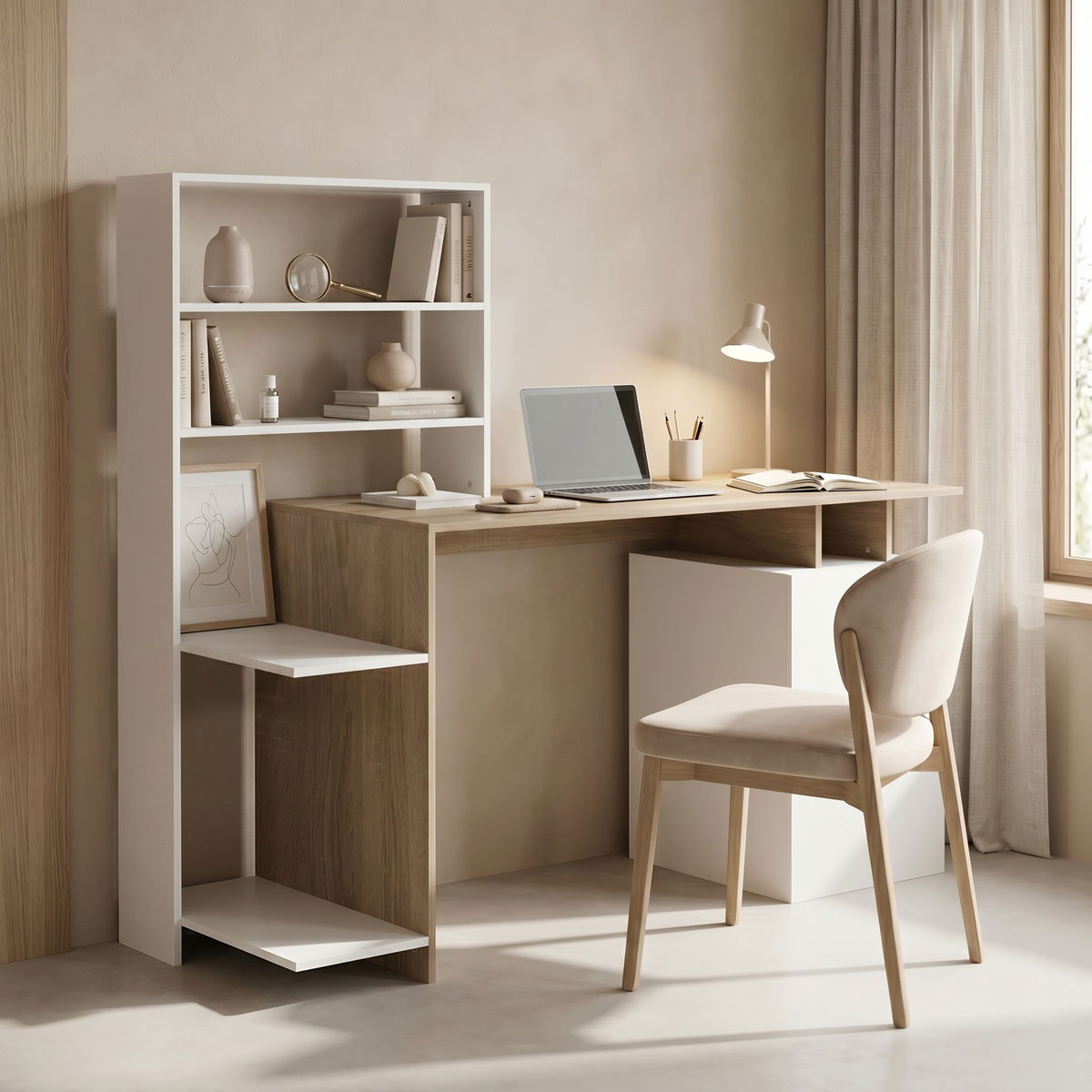product_pako_230-000056 Γραφείο με βιβλιοθήκη και ντουλάπι Meza sonoma-λευκό 146.3x55x128.8εκ - Image 1