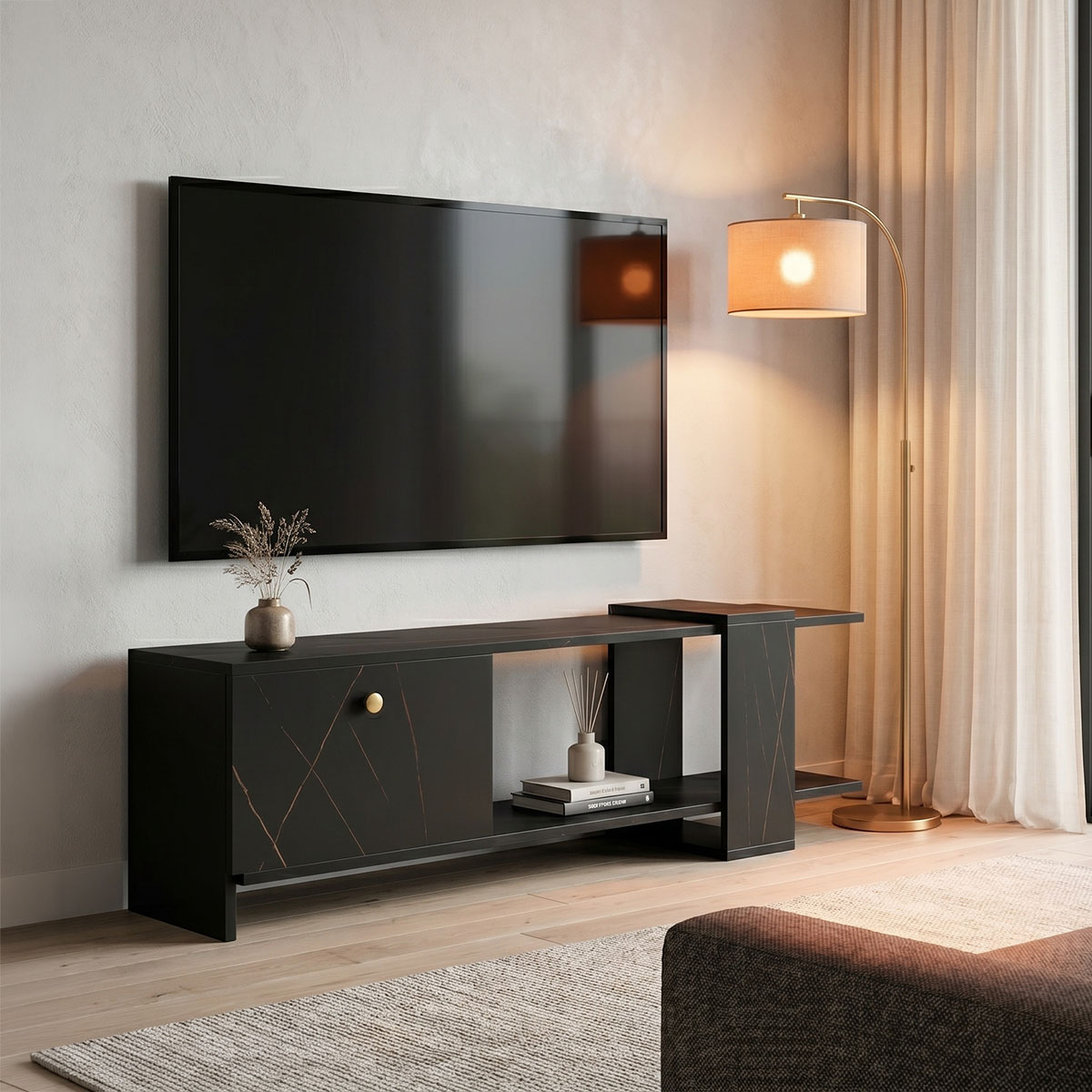 product_pako_230-000064 Έπιπλο τηλεόρασης Standi σε μαύρο-μαύρο μαρμάρου απόχρωση 120x25x36.8εκ - Image 1