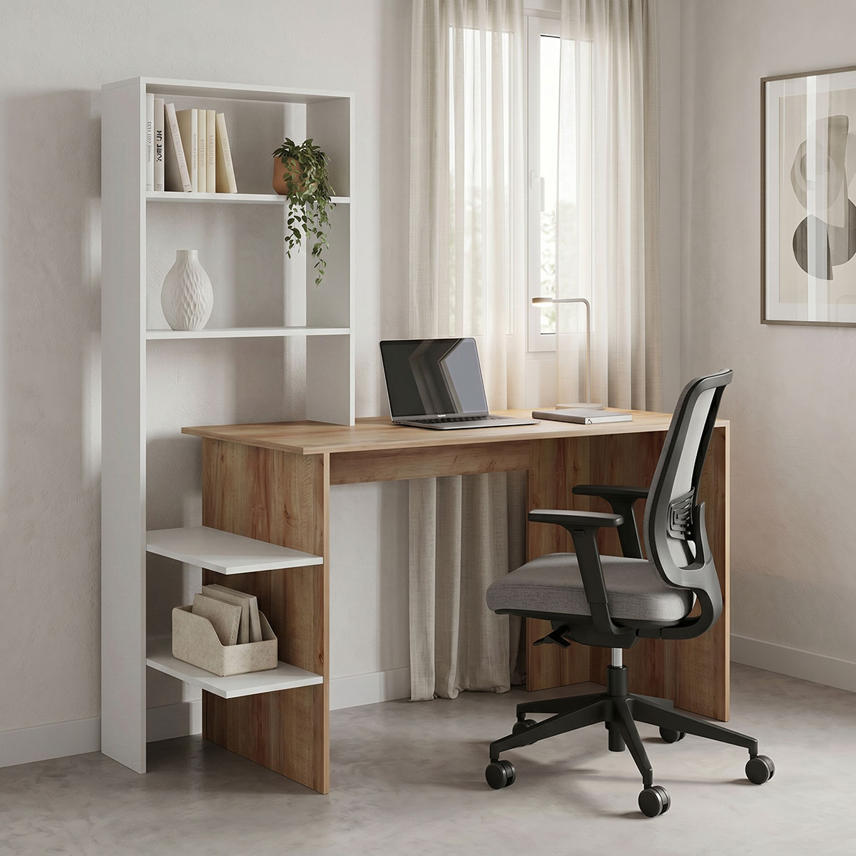 product_pako_230-000076 Γραφείο εργασίας Bivoro με ραφιέρα σε oak -λευκή απόχρωση 140x55x150εκ - Image 1