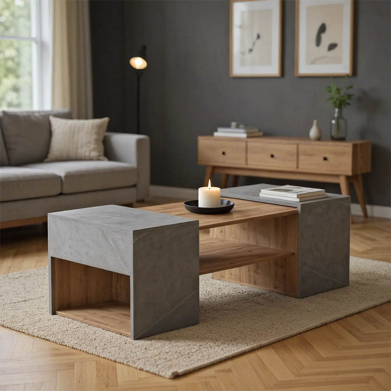 product_pako_230-000087 Τραπέζι σαλονιού Morfi πολυμορφικό 3τεμ σε oak-μπεζ μαρμάρου απόχρωση 105x45x37εκ - Image 1