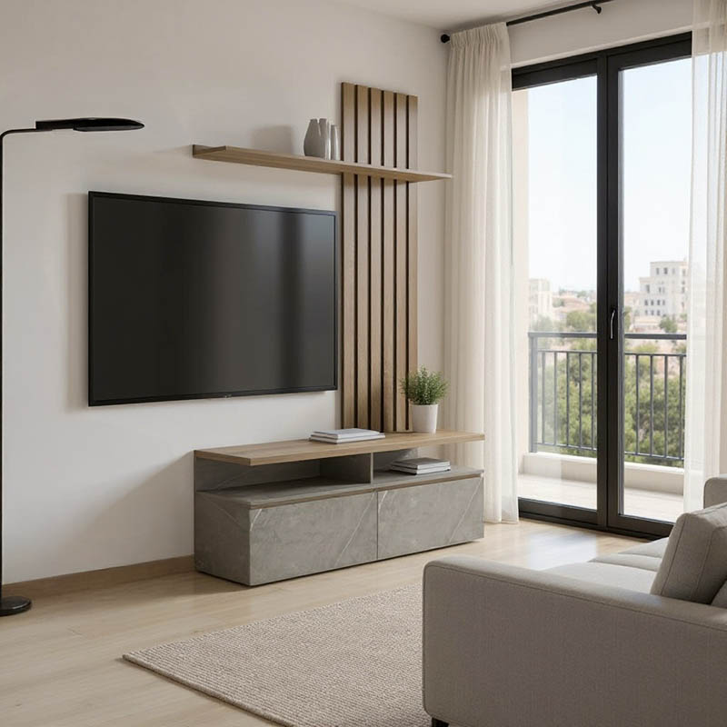 product_pako_230-000098 Σύνθετο σαλονιού Perlento σε μπεζ μαρμάρου με sonoma απόχρωση 140x41x219.5εκ - Image 1