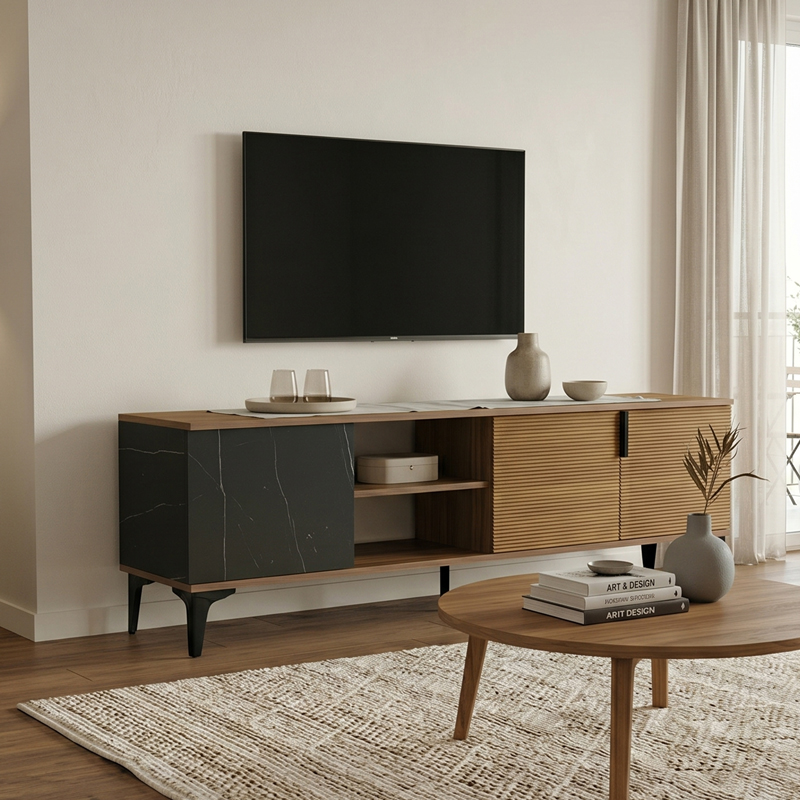 product_pako_230-000178 Έπιπλο τηλεόρασης Riba καρυδί-μαύρη όψη μαρμάρου 180x34x51εκ - Image 1