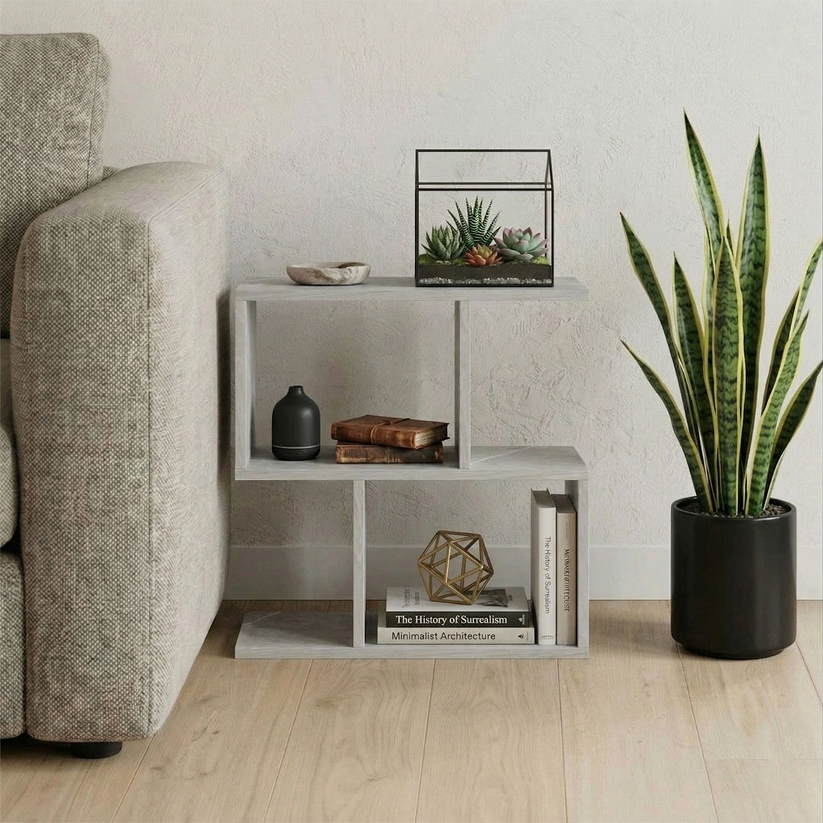 product_pako_230-000231 Βοηθητικό τραπέζι-βιβλιοθήκη Wesmol γκρι όψη μαρμάρου 50x20x50εκ - Image 1