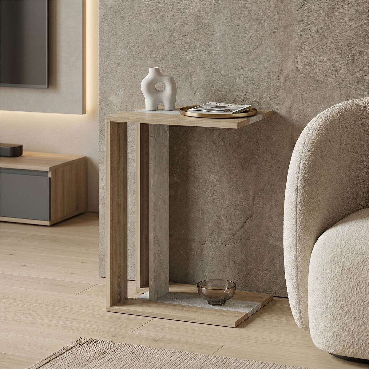 product_pako_230-000249 Βοηθητικό τραπέζι Muju sonoma- μπεζ οψη μαρμάρου 30x40x55εκ - Image 1