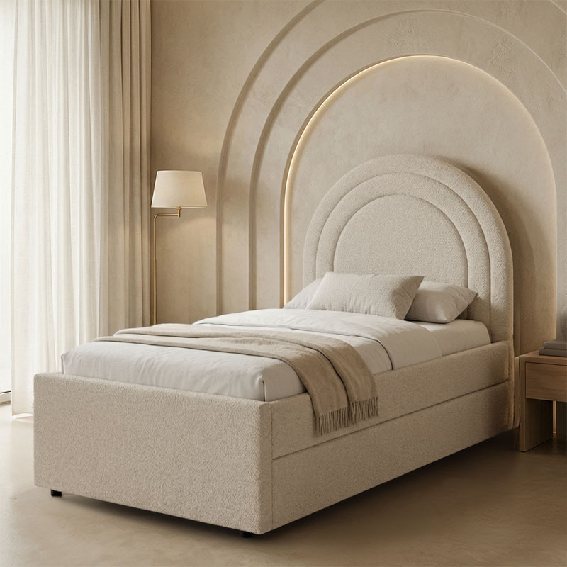 product_pako_234-000025 Κρεβάτι μονό Arcuate με συρόμενο κρεβάτι μπεζ μπουκλέ ύφασμα 90x200εκ - Image 1