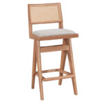 Σκαμπό bar Winslow ξύλο rubberwood ανοικτό καρυδί-pvc rattan φυσικό-ύφασμα γκρι 44.5x46x98εκ (Σετ 2 τεμαχίων)