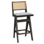 Σκαμπό bar Winslow ξύλο rubberwood μαύρο-pvc rattan φυσικό-ύφασμα γκρι 44.5x46x98εκ (Σετ 2 τεμαχίων)