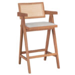Σκαμπό bar Winslow ξύλο rubberwood ανοικτό καρυδί-pvc rattan φυσικό-ύφασμα γκρι (Σετ 2 τεμαχίων)