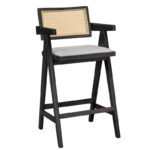 Σκαμπό bar Winslow ξύλο rubberwood μαύρο-pvc rattan φυσικό-ύφασμα γκρι (Σετ 2 τεμαχίων)