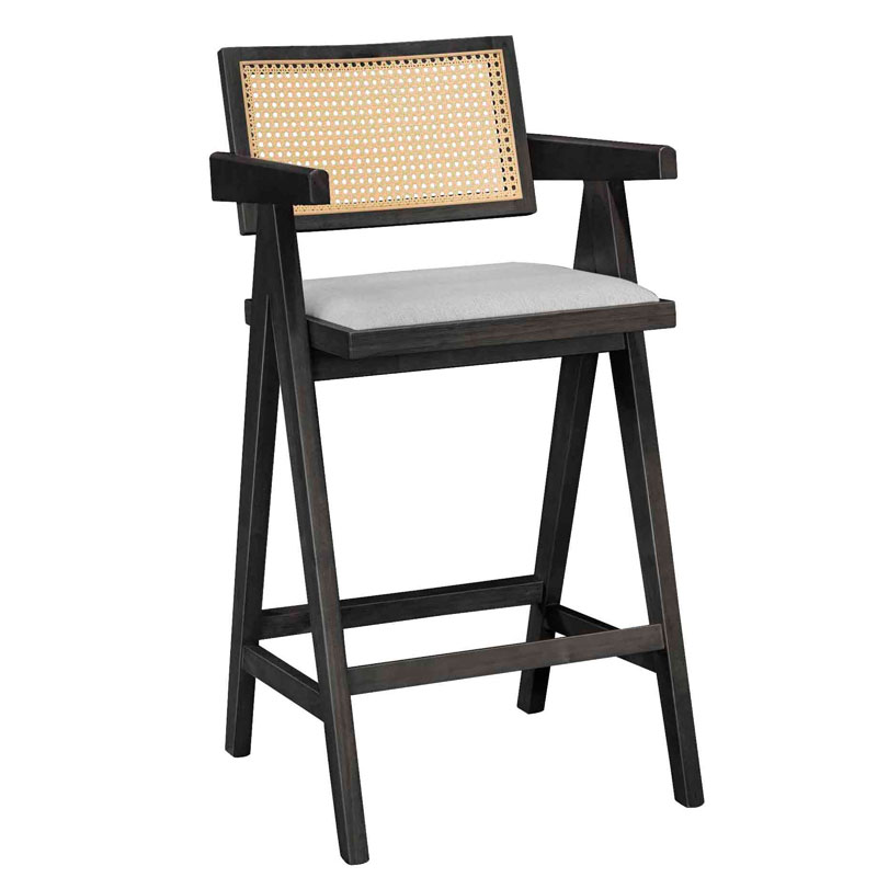 product_pako_247-000010 Σκαμπό bar Winslow ξύλο rubberwood μαύρο-pvc rattan φυσικό-ύφασμα γκρι (Σετ 2 τεμαχίων) - Image 1