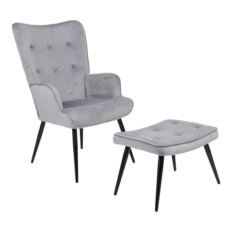 product_pako_255-000081 Πολυθρόνα με υποπόδιο Siella γκρι βελούδο και μαύρο μέταλλο πόδι 59x67x94εκ - Image 1