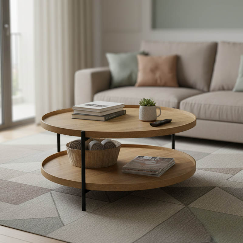 product_pako_260-000019 Τραπέζι σαλονιού Portogie mdf φυσικό-μέταλλο μαύρο Φ80x40εκ - Image 1