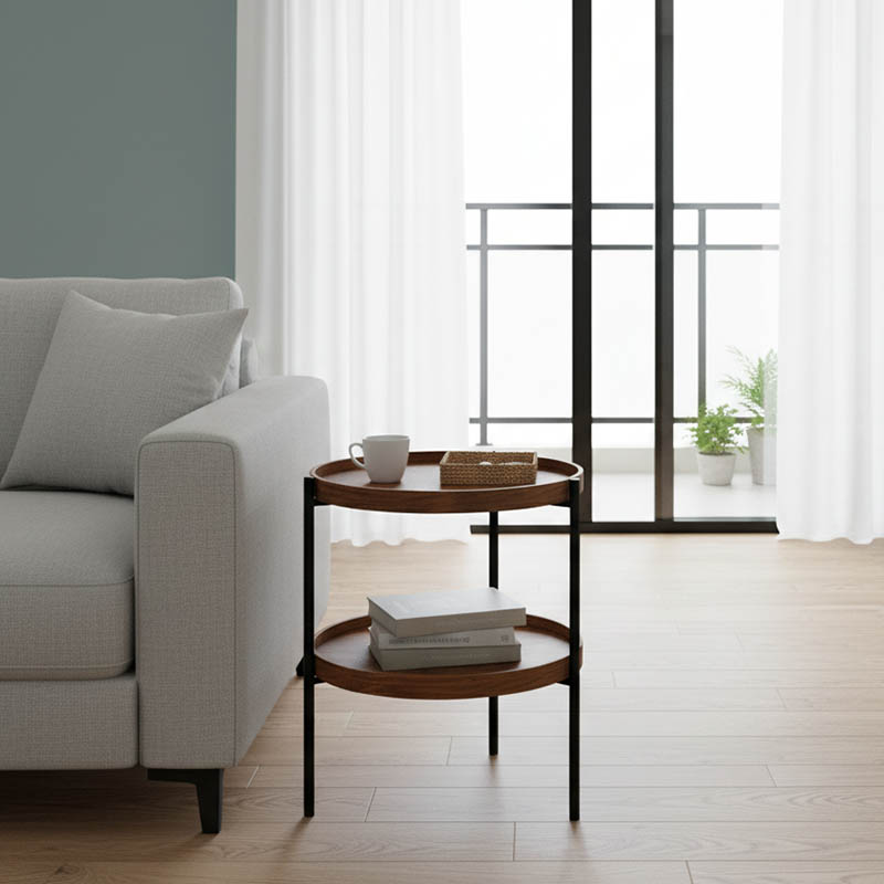 product_pako_260-000020 Βοηθητικό τραπέζι Portogie mdf καρυδί-μέταλλο μαύρο Φ40x50εκ - Image 1
