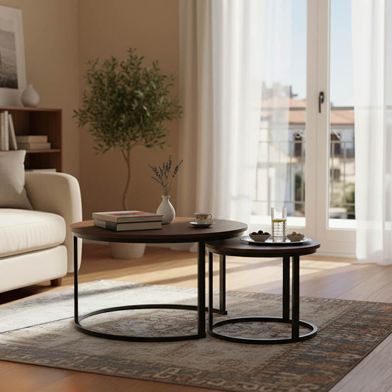 product_pako_271-000042 Τραπέζια σαλονιού Solme I 2τεμ σε καρυδί απόχρωση με μαύρα μεταλλικά πόδια - Image 1