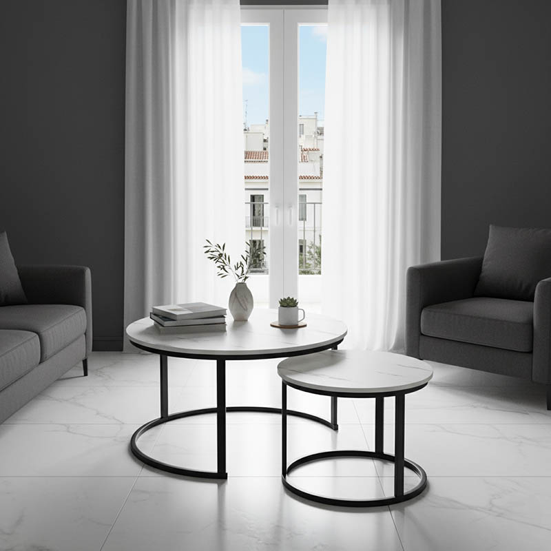product_pako_271-000045 Τραπέζια σαλονιού Solme I 2τεμ σε λευκή μαρμάρου απόχρωση με μαύρα μεταλλικά πόδια - Image 1