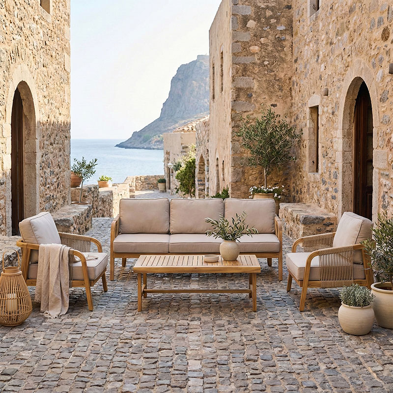 product_pako_282-000063 Σαλόνι εξωτερικού χώρου Malibu III ξύλο ακακίας με σχοινί σε φυσική απόχρωση και μπεζ μαξιλάρια - Image 1
