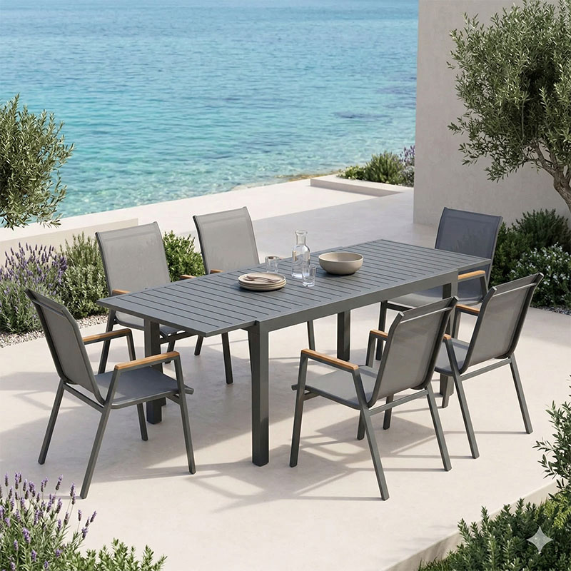 product_pako_288-000009 Τραπεζαρία Azelie-Lafla σετ 7τεμ ανθρακί ύφασμα-ανθρακί αλουμίνιο 160-240x90x75εκ - Image 1