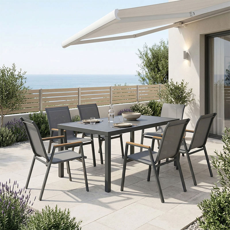 product_pako_288-000010 Τραπεζαρία Azelie-Kliton σετ 7τεμ ανθρακί ύφασμα-ανθρακί αλουμίνιο 150x80x74εκ - Image 1